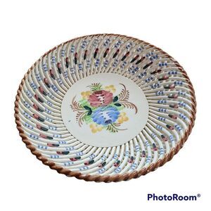 Vintage Reticulated Lattice Decorative Ceramic Bowl Hand Painted Made In Spain